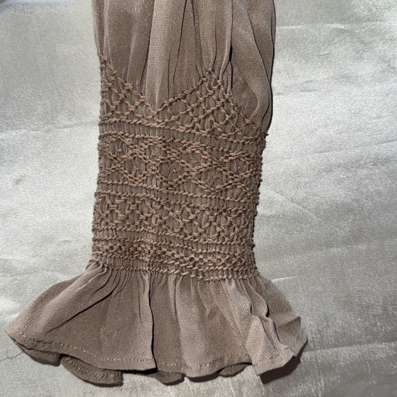 Anthropologie Love Sam Lissa Silk Peasant Blouse Embroidered Smocked Tan Sz XS - Picture 14 of 16